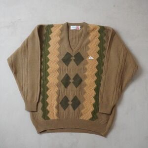 Vintage Monte Carlo Lambs Wool Sweater Large Mens Tan Green Argyle Cable Knit